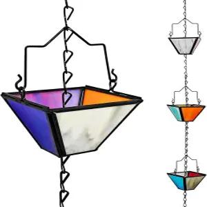 레인 체인 세트 8.5피트 수제 순수 구리 상감 스테인드글라스 빈티지 스타일 배수구용 물과 홈