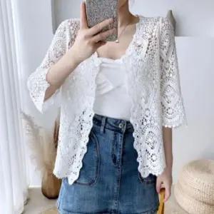 레이스 웨이브 여성 시스루 비치 수영복 반팔 가디건