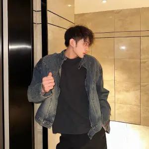 샤오원샵 빨강 데님 남자 빈티지 캐주얼 춘추 재킷 청자켓 워싱 키작남 스트레이트 코트 패드 꾹3