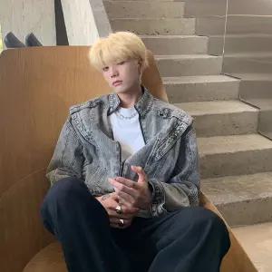 샤오원샵 남자 청 빈티지 헤비 봄가을 루즈핏 크린핏 청자켓 재킷 코트 키작남 패치 꾹3