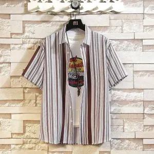 샤오원샵 캐주얼 여름 남자 반팔 체크 상의 키작남 터틀넥 셔츠 스트라이프 빅사이즈 꾹1