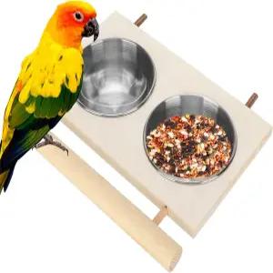 버드 푸드 스테인리스 스틸 컵 나무 플랫폼이 있는 앵무새 먹이 접시 스탠드더블 볼이 급수 케이지