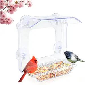 강력한 흡입 컵 4개가 추가된 JYYOUOP 창문 새 모이통 이중 씨앗 트레이가 있는 외부용 대형 투명 고양이를