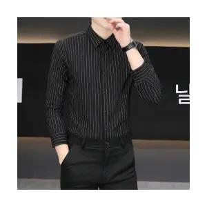 코아픽샵 남자 캐주얼 헴 키작남 스트라이프 세로 기본 체크 셔츠 긴팔 꾹1