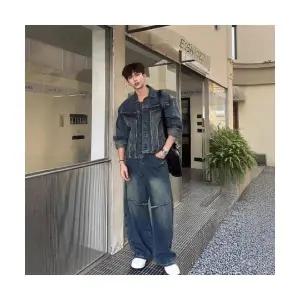 코아픽샵 남성용 바지 데님 면 빈티지 가을 봄 투피스 키작남 긴 아우터 워싱 꾹3