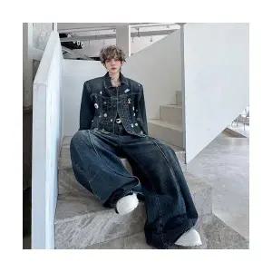 코아픽샵 남자 키작남 면 바지 데님 캐주얼 세트 가을 와펜 재킷 와이드 투피스 꾹3