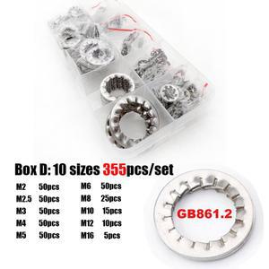 315/355 개/대 M2 5 M16 304 스테인레스 스틸 외부 내부 이빨 톱니 모양의 와셔 가스켓 구색 세트 키트 상자