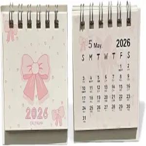 핑크 스몰 데스크 캘린더 2026 스탠딩 플립 미니 귀여운 2026-2027 오피스 스파이럴 페이퍼 월간 에센셜