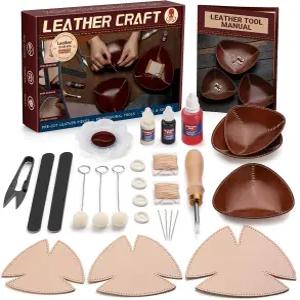 가죽 공예 툴링 키트 천연 생지 베지터블 트레이 만들기 DIY 세트 엣지 베벨러 왁스사 튜토리얼 포함