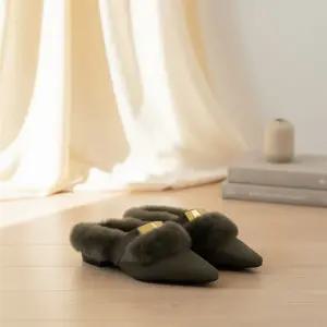 여성 가을 겨울 퍼 버클 포인트 토 뮬