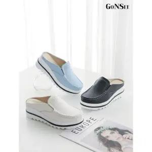 [하프클럽/고앤씨]여성 엘린 키높이 소가죽 블로퍼 뮬 슬리퍼 5.5cm