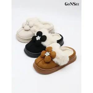 [하프클럽/고앤씨]여성 겨울 방한 크리스탈 플라워 털 슬리퍼 실내화 4cm