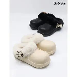 [하프클럽/고앤씨]여성 겨울 방한 레오파드 리본 퍼 슬리퍼 2.5cm