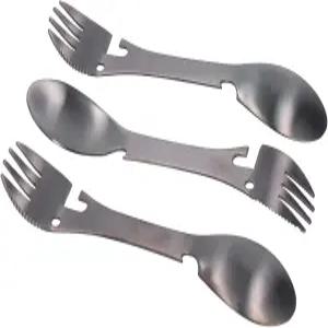 5 in 1 캠핑 도구 전술적 스팍 휴대용 플랫웨어 스테인리스 스틸 실버웨어 포크 스푼 병따개 나이프 캔따개