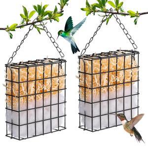 오토링 2세트 조류 애호가를 선물 야외 둥지 벌새 재료 휴식처용 걸이 위한 케이지 천연 블랙 라피아 정원 홀더와 야생