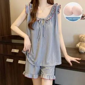 스파이더맨 여사친 빈티지 여름 궁중 컴포트 반바지 작은 소매 패드 부착 세트 실내복 파자마 OPH1