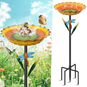 야외용 메탈 옐로우 가든 버드 워터 있는 2개 배스 5개의 프리스탠딩 34개의 야드 아트 해바라기 배스 잔디 갈래 빈티지 파티오 야외 데코 색상의 U201D 피더 베이스가