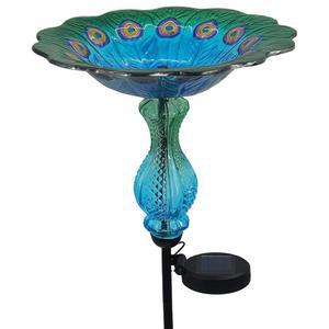 우필리 블루 장식 금속 목욕 그라운드 태양광 폰드 피콕 야외 야외 스테이킹 32인치 버드 정원 유리 외부 모이통