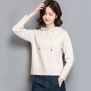 EAMT 여성용 니트 풀오버 숏 루즈핏 솔리드 톱 후드 봄가을 YJ1