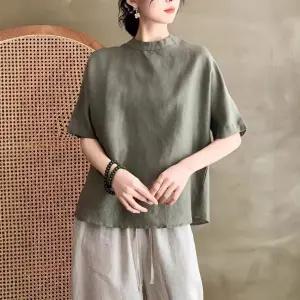 EAMT 여성 여름 솔리드 도톰 린넨 풀오버 차이나 기본 반팔 맨투맨 티셔츠 YJ1