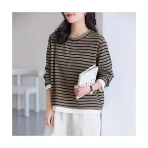 EAMT 여성 가을 스트라이프 맨투맨 라운드 캐주얼 슬림핏 풀오버 YJ3