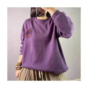 EAMT 여성 트위드 맨투맨 가을 라운드 풀오버 스트라이프 포켓 상의 YJ3