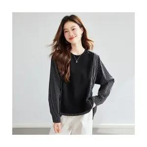 EAMT 여친 캐주얼 빅사이즈 춘추 라운드넥 상의 맨투맨 스트라이프 YJ3