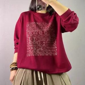 EAMT 여성 가을 캐주얼 프린트 트위드 맨투맨 풀오버 톱 YJ3