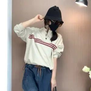 EAMT 여성 가을 빈티지 캐주얼 스트라이프 맨투맨 백 레터링 프린트 긴팔 톱 YJ3