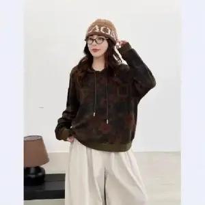 EAMT 여성용 빈티지 프린트 후드 긴팔 맨투맨 작은 포켓 슬림핏 풀오버 YJ1