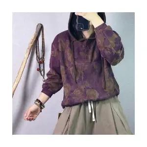 EAMT 여성 후드 프린트 가을 빈티지 슬림 톱 YJ3