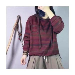 EAMT 여친 가을 빈티지 톱 풀오버 스트라이프 후드 스트링 YJ3