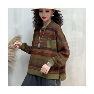 EAMT 여성 스트라이프 맨투맨 가을 빈티지 라운드 풀오버 YJ3