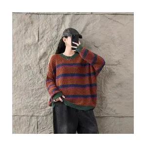 EAMT 여성 스트라이프 스웨터 가을 니트 탑 라운드 풀오버 YJ3