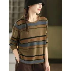 EAMT 여성 가을 빈티지 스트라이프 면 니트 라운드 캐주얼 덧장 이너 풀오버 YJ3