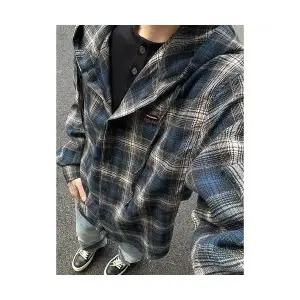 키체샵 남성 솔리드 셔츠 봄 가을 빈티지 체크 후드 HO3