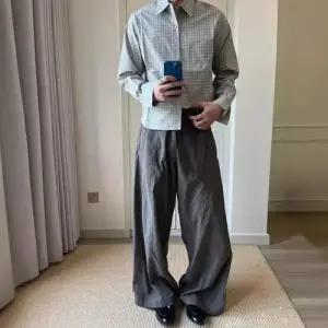 키체샵 그레이 남성용 봄가을 체크 솔리드 지식인 셔츠 긴팔 HO3