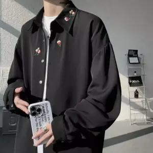 키체샵 남성용 솔리드 칼라 셔츠 긴팔 자수 카디건 봄가을 HO3