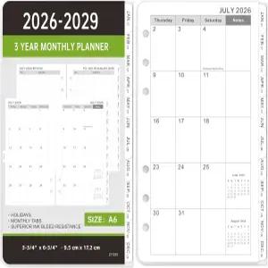 2026-2029 월간 플래너 리필 - A6 사이즈 6홀 펀칭이 인서트 2026년 2029년 2페이지 탭이 캘린더