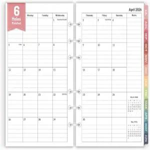 Forver 2026 월간 플래너 리필 2026년 4월 - 2027년 2월 다채로운 탭이 6홀 펀칭 인서트 A5 6링 바인더용
