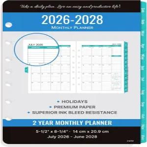 2026-2028 월간 플래너 리필 - 7홀 펀칭 5-/2 x 8-/2 인서트 2026년 2028년 운영되며 2페이지 탭이 캘린더