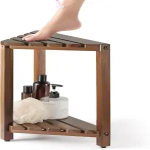 블루웨스트 코너 샤워 스툴 내부 다리 면도용 나무 벤치 수납 선반 시트 및 있는 방수 풋레스트 월넛
