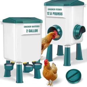 2갤런/17.6파운드 자동 병아리 사료 및 급수기가 장착된 Meyopm 닭 세트 암탉/오리/양계를 위한 폐기물