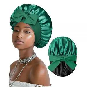 여성용 새틴 보닛 실크 보닛 수면 곱슬머리 보닛 타이 밴드 이중 레이어 수면 캡 헤어 랩, 블랙 + 그린