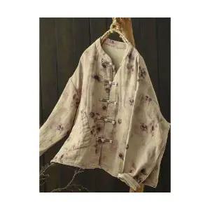 EAMT 여자 가을 가디건 빈티지 버클 프린트 면 카디건 차이나 긴팔 아우터 상의 EUNG3