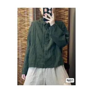 EAMT 여자 가을 가디건 빈티지 샌드 워싱 리넨 상의 칼라 싱글 긴팔 솔리드 카디건 EUNG3