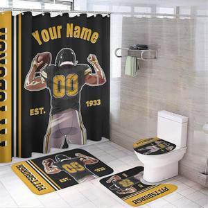 4PCS 피츠버그 샤워 커튼 세트, 욕실용 이름 및 번호 목욕 매트, 화장실 커버 U자형 매트 72인치