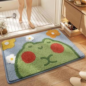 목욕 매트 귀여운 샤워 러그, 고급스러운 섀기 고흡수성 및 미끄럼 방지, 욕조, 욕실용 세탁기 착용감, (17.71인치 x 25.59인치, 꽃개구리)