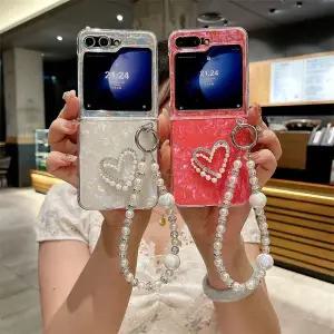 유니커블 갤럭시 Z플립 6 5 4 3 큐빅 하트 자개 스트랩 케이스