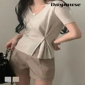 [모어오브]카라멜 랩 반팔 니트 버튼 골지 탑